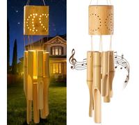 Fiwochic Bamboo Wind Chimes for Outside with Solar Accent Light, Outdoor Wooden Wind Chimes Gifts 6 Bamboo Tubes, Deep Tone, Hanging Solar Windchimes, for Patio Garden Yard Porch Balcony Decor