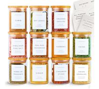Fix Space 12pcs Bamboo Glass Spice Jars Set - 200ml Airtight Glass Jars With Bamboo Lids - Spice Jars With Lids And Labels Waterproof Labels For Herbs, Spices & Seasoning (200ml/12pcs)