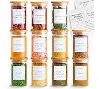 Fix Space 12pcs Bamboo Glass Spice Jars Set - 250ml Airtight Glass Jars With Bamboo Lids - Spice Jars With Lids And Labels Waterproof Labels For Herbs, Spices & Seasoning (250ml/12Pcs)