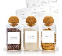 Fix Space Tea Coffee Sugar Canisters - Set of 3 Unique Cork Ball Glass Jars - Stylish Tea and Coffee Jars with Waterproof, Removable Labels - Ideal for Kitchen Organisation (750 ML)