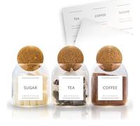 Fix Space Tea Coffee Sugar Canisters - Set of 3 Unique Cork Ball Glass Jars - Stylish Tea and Coffee Jars with Waterproof, Removable Labels - Ideal for Kitchen Organisation (500 ML)