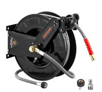 FIXFANS Pressure Washer Hose Reel with Hose for Hot and Cold Water, 3/8" X 50 FT Steel Auto-Retractable High Power Wash Hose Reel, Heavy Duty Hose Reel - Wire Braided Hose 4000 PSI, Black
