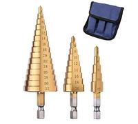 Fixinus 3 Pack HSS Titanium Coated Step Drill Bit Set, 1/4" Hex Shank Quick Change High Speed Steel Cone Drill Bits for Wood, Plastic, Sheet Metal Hole Drilling - Metric 4-12mm/4-20mm/4-32mm