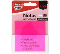Fixo Notes | Transparent Sticky Notes | 50 Notes 75 x 75 mm | Plastic | Neon Fuchsia Pink | Reusable and Waterproof | Perfect for School Books and Office Documents