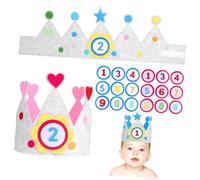 FIXOSHEE 2 Sets Reusable Felt Birthday Crowns for Boys and Adjustable Party Hats with Interchangeable Numbers Soft Comfortable Material for Birthdays Blue Star and Pink Heart Designs