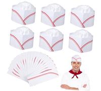 FIXOSHEE 20pcs Disposable Paper Chef Hats with Red Stripes Adjustable Breathable Cooking Caps for Restaurant Staff Waitress Costume Catering and Party Use