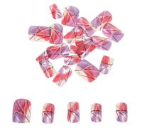 FIXOSHEE 24pcs Short Glue Nails Purple Glitter Design Lines Square Full Cover Artificial False Nails for Women Girls Casual Wear