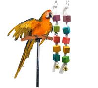 FIXOSHEE 2pcs Parrot Bite Hanging Wood Blocks with Bell Colorful Square Bird Block String for Cockatiels Parakeets Budgies Safe Engaging Chew and Climbing Playground for Small Birds