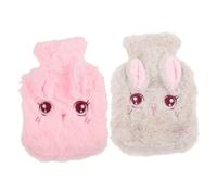FIXOSHEE 2Pcs Refillable Furry Rabbit Hot Water Bottle Bags Soft Plush Belly Warmer Hand Warmers for Winter Relief Cute Pink Beige Warm Water Pouch