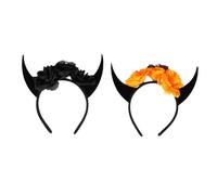 FIXOSHEE 2pcs Skull and Horn Headband Halloween Horn Hair Band Costume Party Headwear Black and Orange Horned Devil Headpiece for Women