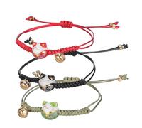 FIXOSHEE 3 Pcs Adjustable Maneki Neko Cat Bracelets Japanese Jewelry with Bell Cultural Friendship and Prosperity in Red Green Black