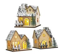 FIXOSHEE 3 Pcs Wooden Christmas Village Houses Set with LED Lights Timeless Festive Miniature Home Decor for Table Centerpieces Cozy Holiday Spirit Decoration and Unique