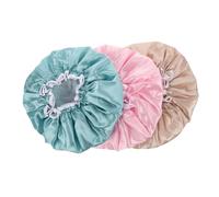 FIXOSHEE 3pcs Double Layer Satin Shower Caps for Women PE Bath Caps with Elastic Band Large Suitable for Long Thick Hair Stain Resistant and Spa Hair Cover Lake Blue Khaki Light Pink