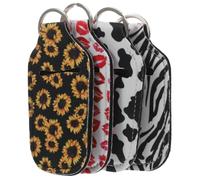 FIXOSHEE 4pcs Portable Travel Bottle Keychain Holders Hand Gel Sleeve Refillable Leakproof Containers for Toiletries with Cow Print Zebra Lip Sunflower Patterns