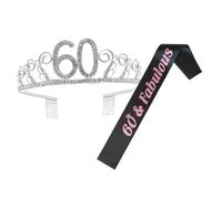 FIXOSHEE 60th Birthday Rhinestone Crown Hair Comb and Printed Party Sash Set, Crystal Tiara Head Accessory Etiquette Belt for Women’s Birthday Celebration