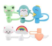 FIXOSHEE 6Pcs Reusable Silicone Straw Caps with Cute Cartoon Designs Non Slip Dustproof Straw Covers for Hot Drinks Practical Protectors with Wing Penguin Dinosaur Patterns