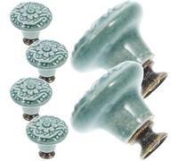 FIXOSHEE 6pcs Vintage Ceramic Cabinet Door Knobs Antique Single Hole Drawer Pulls for Kitchen Cupboards Wardrobes with Retro Floral Pattern in Sky Blue
