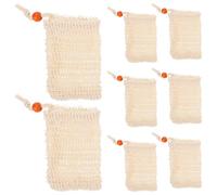 FIXOSHEE 8Pcs Hanging Drawstring Bath Soap Net Bags with Brown Wooden Beads - Double-Sided Exfoliating Mesh for Rich Foam, Quick-Drying Shower and Facial Cleansing Pouch for Body Scrub and
