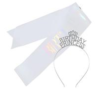 FIXOSHEE Birthday Rhinestone Crown Headband and Sash Set for Women, White Iridescent Princess Tiara Glitter Sash for Birthday Party Accessories