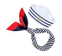 FIXOSHEE Blue White Striped Captain Sailor Hat and Scarf Set Circumference Comfortable Fit for Men Women Nautical Party Dress Up Accessory for Halloween and Yacht Events