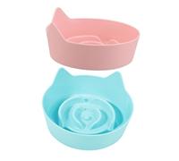 FIXOSHEE Cat Ear Slow Feeder Bowl Set 2pcs Non-slip Cat Feeding Plate Shallow Food Dish for Kittens Home Use Candy Color Pink Blue
