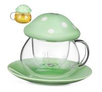 FIXOSHEE Ceramic Tea Cup with Strainer and Mushroom Lid Clear Glass Tea Mug with Coaster for Brewing Milk Coffee at Home Office