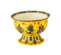 FIXOSHEE Enamel Painted Buddhist Offering Bowl Yellow Eight Auspicious Symbols High Footed Tribute Vessel for Temple and Home Decoration with Anti-Skid Base