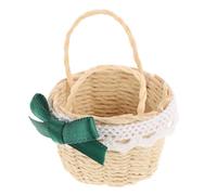 FIXOSHEE Handwoven Miniature Bamboo Basket for Dollhouse Decor Compact Mini Woven Basket with Floral Lace and Green Bow Traditional Craftsmanship for Miniature Scenes and Photo Props Home