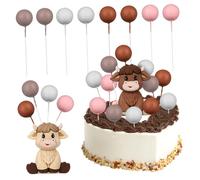 FIXOSHEE Highland Cow Cake Toppers with Plastic Cow Figures and Foam Balls Versatile Birthday Party Cake Decorations for Farm-themed Celebrations