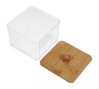 FIXOSHEE Transparent Cotton Pad Holder with Bamboo Lid Single Cube Organizer for Cotton Balls Swabs and Rubber Bands Smooth Polished Storage Box for Vanity and Bathroom Counter