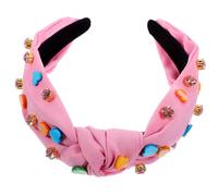 FIXOSHEE Valentines Day Heart-shaped Knotted Headband for Women, Wide Candy Color Pink Decorative Hairband with Rhinestones, Fashion Hair Accessory for Party and Daily Wear
