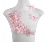FixrWre Butterfly Fabric Rhinestones Beaded Lace Applique,3D Embroidered Lace Fabric Patch for Clothes，Dress(Pink)