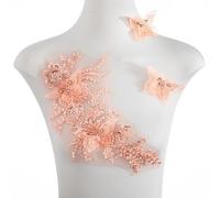 FixrWre Butterfly Fabric Rhinestones Beaded Lace Applique,3D Embroidered Lace Fabric Patch for Clothes，Dress(Orange)