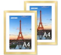 FIXSMITH A4 Picture Frame Set of 2, Gold Photo Frame with HD Plexiglass, Display Pictures 6x8 with Mat or 8.3x11.7 Without Mat Multi Picture Frames Collage for Tabletop or Wall Display