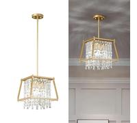 Fixture, Square Industrial Farmhouse Chandelier, Black Metal Crystal Pendant Light for Kitchen Island, Dining Living Room, Flat and Inclined Ceilings(Gold,Trapezoid -30CM)