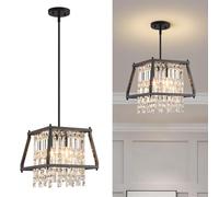 Fixture, Square Industrial Farmhouse Chandelier, Black Metal Crystal Pendant Light for Kitchen Island, Dining Living Room, Flat and Inclined Ceilings(Black,Trapezoid -30CM