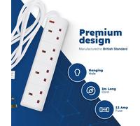 Fixtures 4 Gang Extension Lead 2m Surge Protected 4 Socket White