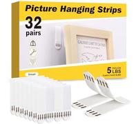 Fixwal 32pairs(64 Pack) White Picture Hanging Strips, Small Size 0.63"x 1.8",Picture Hanger Kit Heavy Duty, Removable Damage Free,Picture Hanging Hooks for Living Room,Bedroom