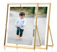 Fixwal Floating Picture Frame Set of 2, 8 x 10 Tempered Glass Frame, for Tabletop Display, Gold Metal Display Frame, for Multi Size Photos including 6 x 8,5 x 7