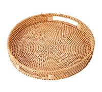 FIYAMMY 13 x 2.8 Inch Large Round Rattan Serving Tray, Woven Tray with Handles Serving Basket Wicker Fruit Bread Serving Basket for Coffee Table(13.8in x 2.8in)