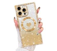 Fiyart Designed for iPhone 16 Pro Max Case,Compatible with MagSafe Love Hearts Plating Soft Slim TPU Rectangular Magnetic Glitter Shockproof Phone Bumper for Women Girls 6.9"-Gold
