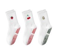 FIYIGO Women's Pilates Grip Socks, Ruffle Fruit Pattern Non Slip Yoga Socks | Grippy, Frilly, Crew Length, Cotton, Strawberry Lemon Print, Arch Support, for Barre Ballet Dance, Workout, Hospital, Home