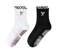 FIYIGO Women's Pilates Grip Socks, Ruffle Non Slip Bow Pattern Yoga Socks | Grippy, Frilly Trim, Embroidery, Crew Length, Soft Cotton, Arch Support, for Barre Ballet Dance Workout Hospital Home Gifts