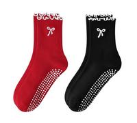 FIYIGO Women's Pilates Grip Socks, Ruffle Non Slip Bow Pattern Yoga Socks | Grippy, Frilly Trim, Embroidery, Crew Length, Soft Cotton, Arch Support, for Barre Ballet Dance Workout Hospital Home Gifts