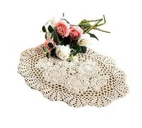 FIYSON 2 Pcs Crochet Cotton Lace Table Placemats 100% Handmade Lace Coasters Vase Pads Oval Lace Placemat Retro Bohemia Table Doilies Decors for Kitchen Dining Room Party Dresser Deco,12 x18in (Beige)