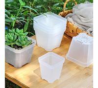 FIYSON 6pcs Clear Plastic Pot Square Nursery Pots succulent planters Pots with Drainage Holes Clear Orchid Pots plastic flower plant Planter Container for Indoor Outdoor Garden Balcony,7x7x8cm (Large)