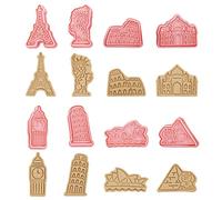 FIYSON 8Pcs Travel attraction building Biscuit Cutter Mould - Include Eiffel Tower, Statue of Liberty, Pyramid, etc, Plastic Embossing Cutters for Cookie Dough, Pastry, Fondant, Cake Decor Baking Mold