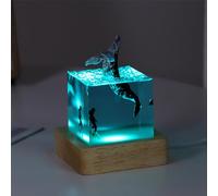 FIYSON Epoxy Resin Shark Night Light, Ocean Cube Ornaments, Night Lamp with Humpback Whale Shark Diving Lamp with Wooden Base, Micro Landscape Ocean Whale Night Light, for Home Office Decoration
