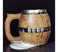 FIYSON Handmade Wooden Barrel Beer Mug,Stainless Steel Bucket Shaped Drinkware with Handle,450/550ml Medieval Drinkware Mug Barrel Double Wall Cocktail Mug for for Party/Home/Bar,Gift for Men (450ml)
