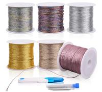 Fizdoqg 6 Rolls Metallic Cord 300 m Gold Thread, Golden Cord Thin Glitter Yarn Silver Thread Silk Threads for Crafts for DIY Crafts Bracelet Jewellery Necklace Making, 0.4 mm x 50 m Roll